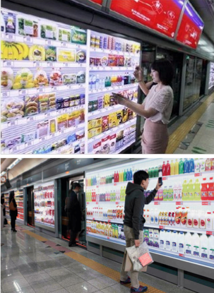Subway riders in South Korea "shopping" by scanning the QR codes of the items they want to purchase (Image via: Google)