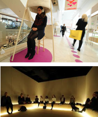 Top: Silence pods feature noise canceling headphones to provide a moment of relaxing silence Bottom: Selfride's Silence Room offers shoppers a moment to collect their thoughts (Images via: Google)